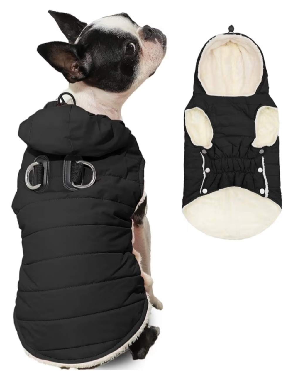 Cozy Black Puffer Dog Jacket with Fleece Lining and Harness Slots